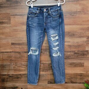 American Eagle Jeans 2 R Tomgirl Mid Rise Button Fly Ripped Medium Dark Wash